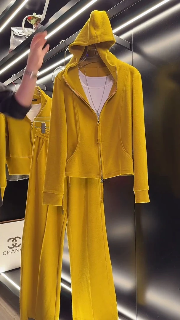 休闲时尚套装女春秋冬洋气减龄黄色连帽卫衣两件套运动服小个子