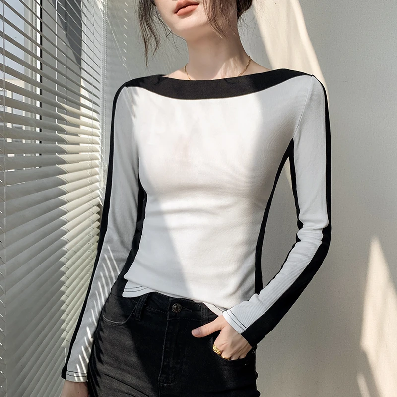 撞色拼接一字肩圆领长袖T恤女2025春季新款设计感修身内搭打底衫