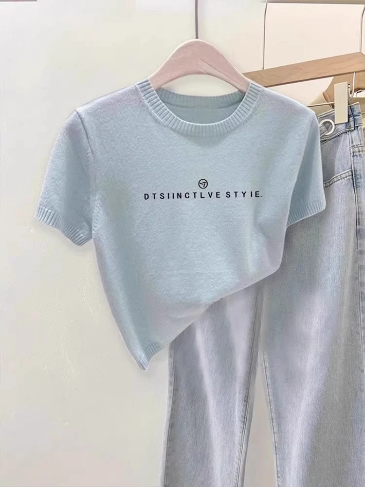 奶蓝色正肩冰丝针织短袖t恤女2025新款爆款夏季薄法式高级感上衣