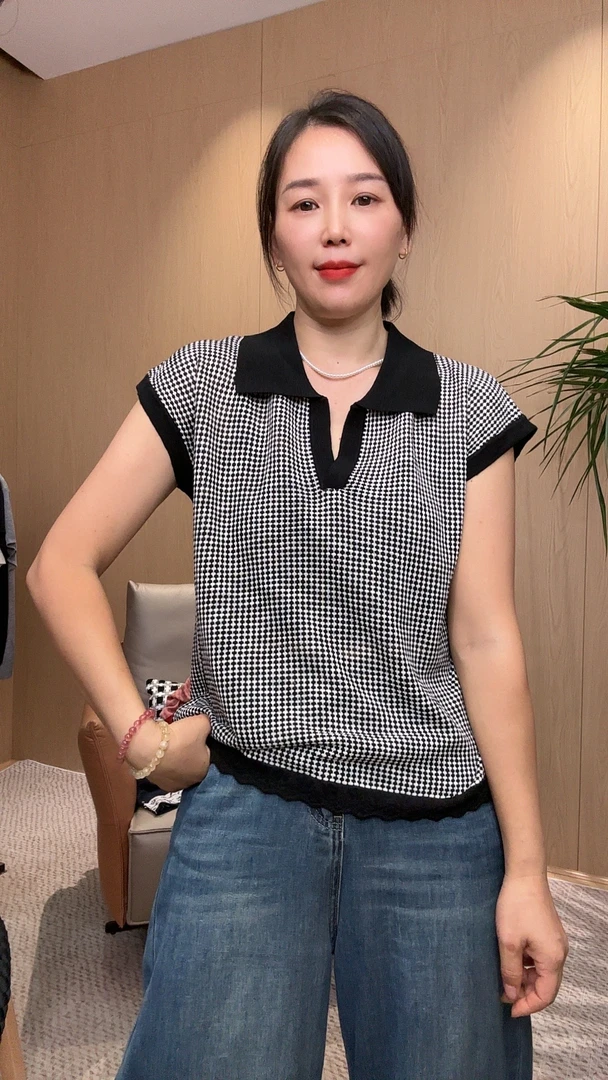 夏季新款时尚翻领千鸟格提花套头百搭针织衫  A9003