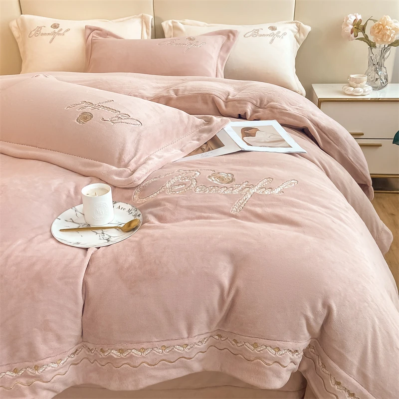 法式高端家纺冬天加厚婴儿绒保暖四件套高级感双面牛奶绒床单被套