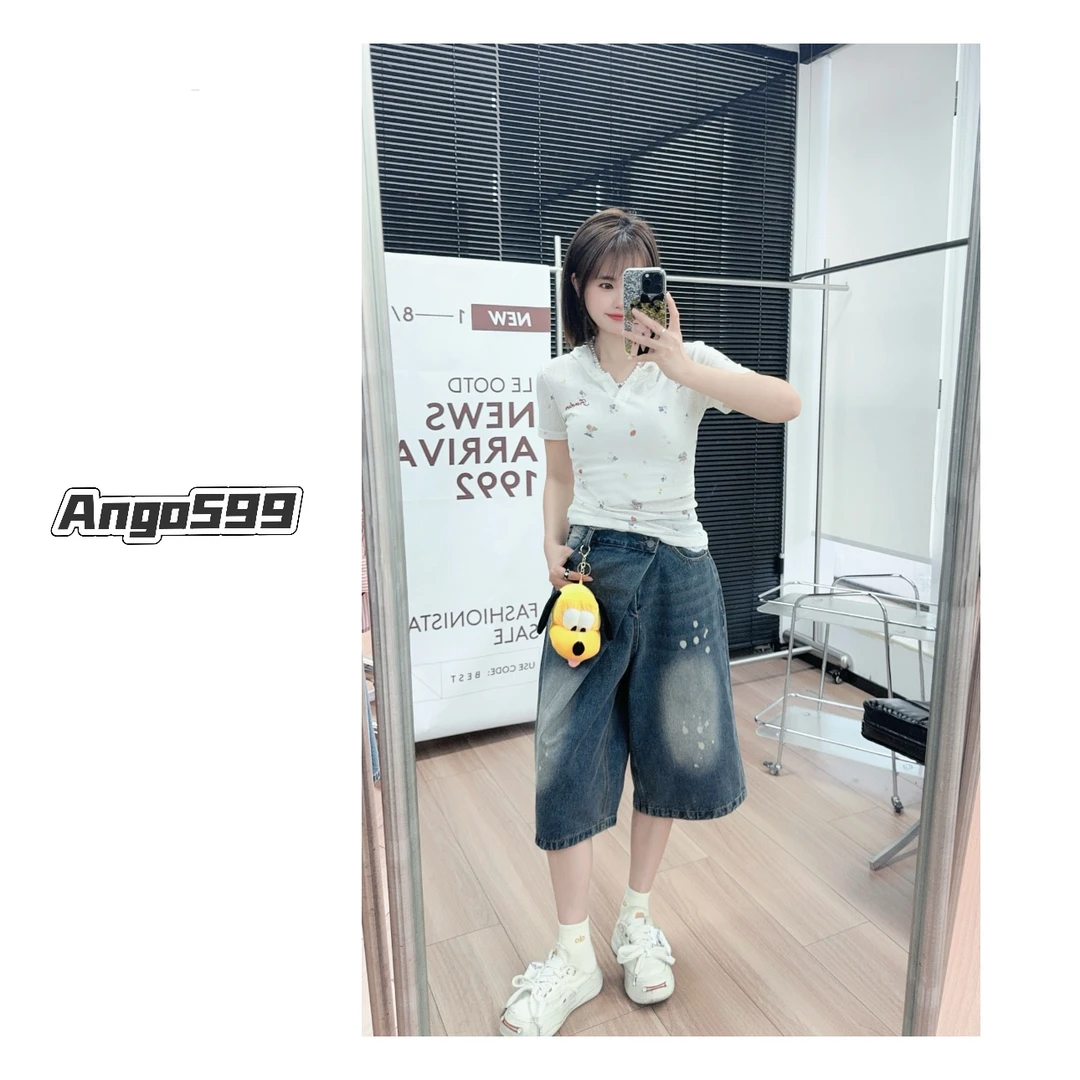 高飞牛仔* 小众设计师款金靖同款宽松水洗做旧牛仔中裤