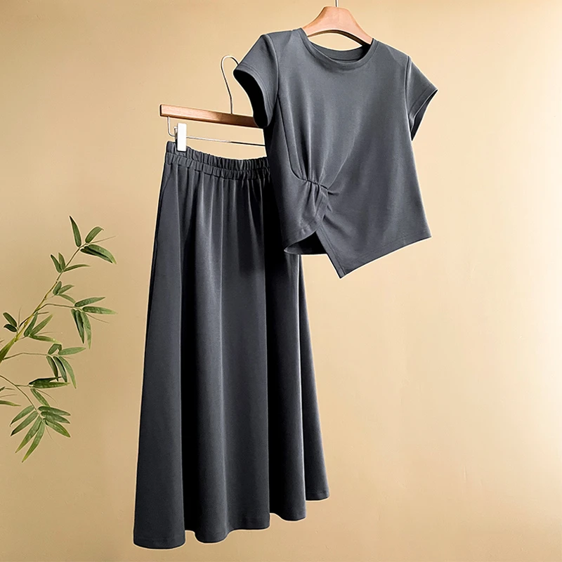 高级感时尚气质套装裙女夏季新款圆领褶皱设计短袖中长裙两件套潮