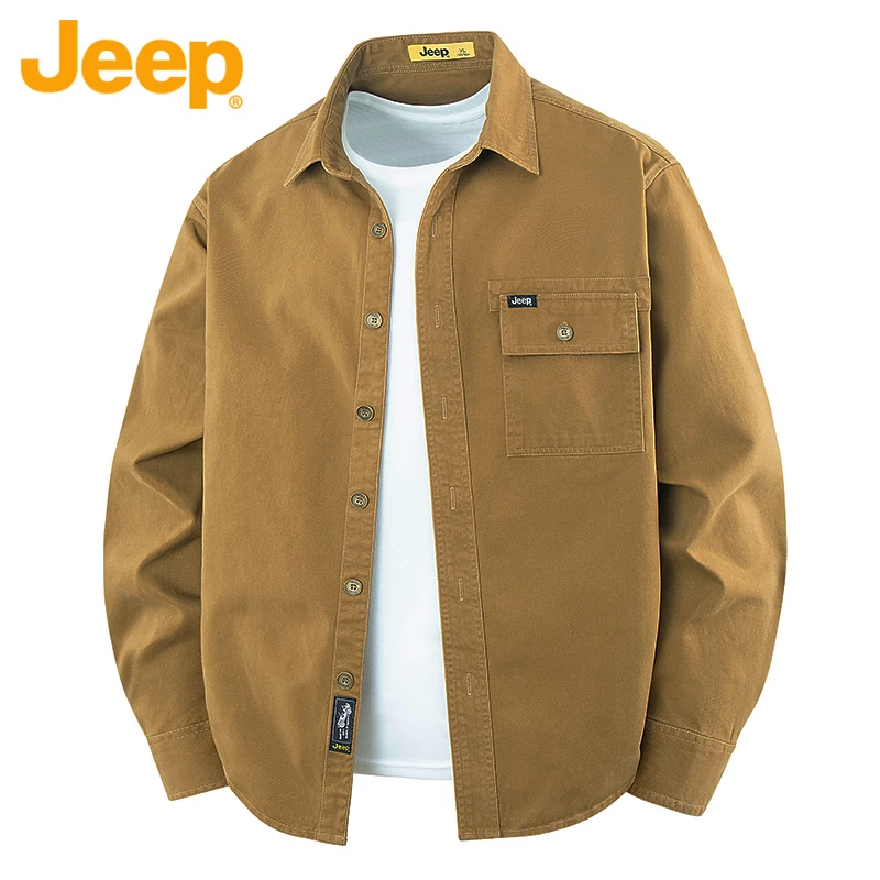 Jeep吉普春秋长袖男士工装衬衫纯棉宽松商务百搭翻领休闲衬衣外套
