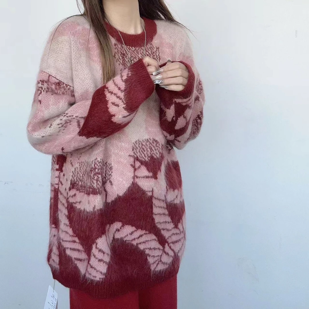 【俩月羊绒】拉绒工艺231595-高级百搭款撞色印花针织100羊绒套头衫