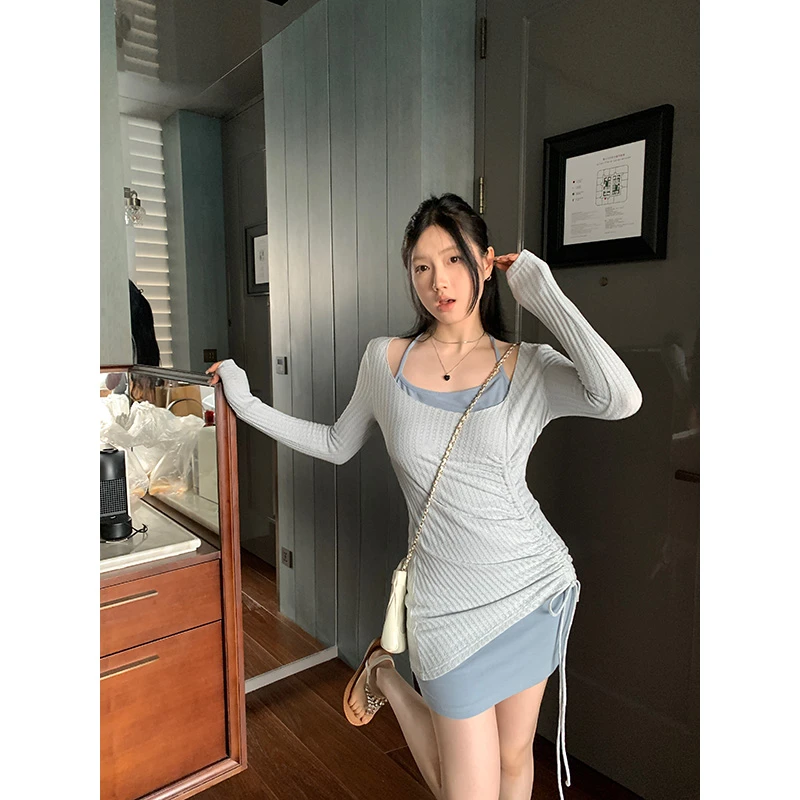 王少女【清清】蓝色修身挂脖短裙撞色长袖连衣裙两件套 S18061S42