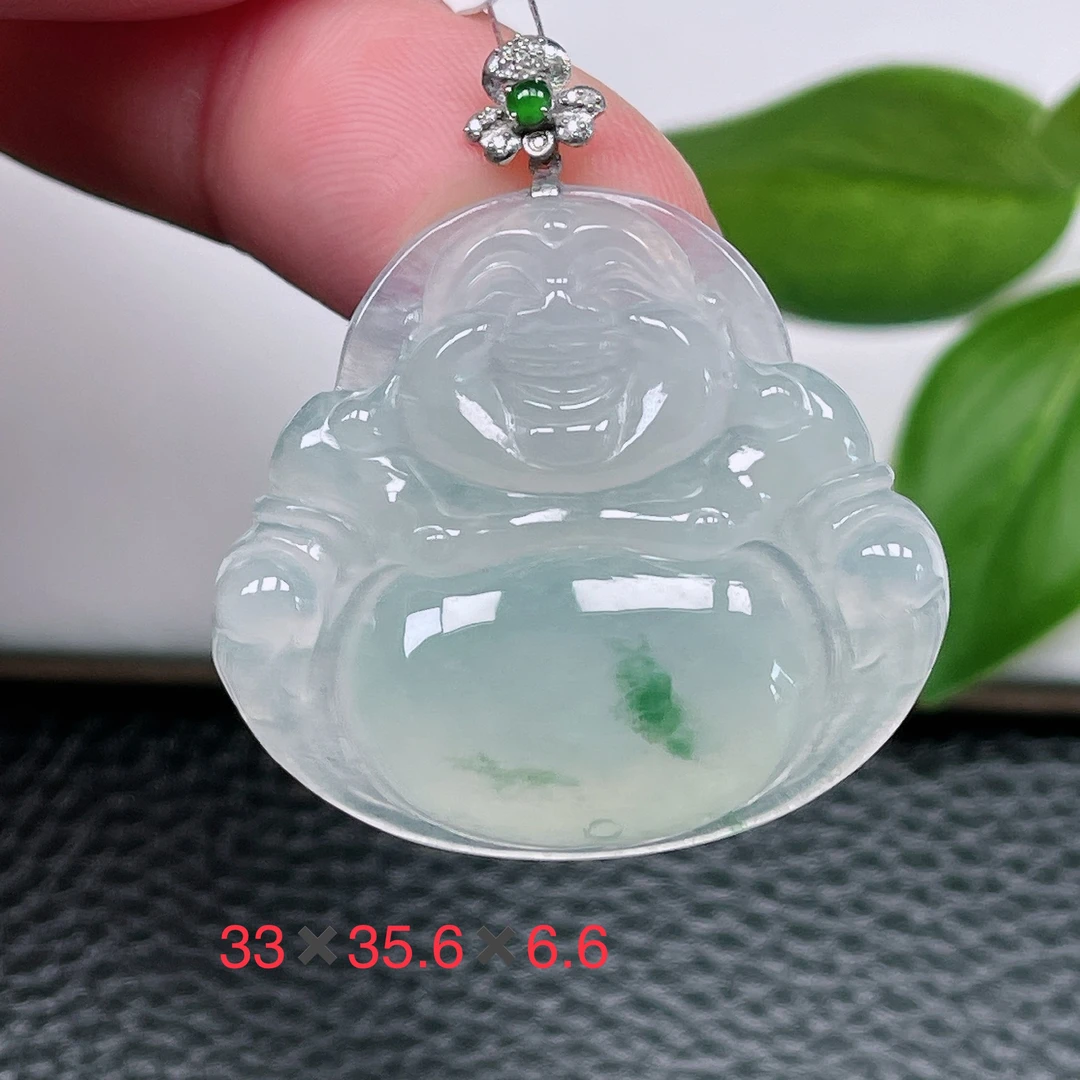 天然缅甸翡翠A货～冰种飘绿大肚笑佛吊坠冰润大件绿佛玉佛挂件37