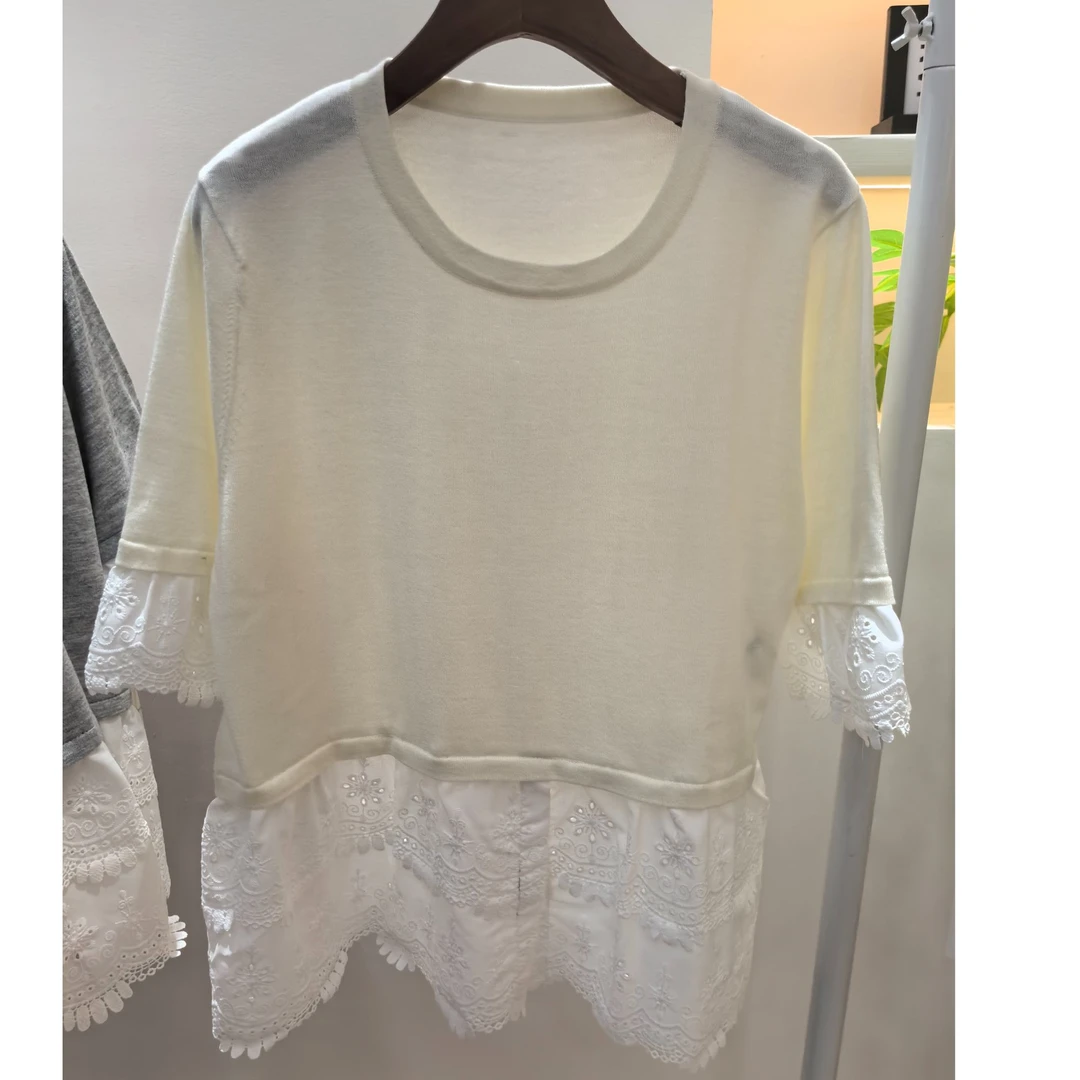 女款夏季设计新款纯色蕾丝短袖针织衫时尚休闲百搭气质圆领打底衫