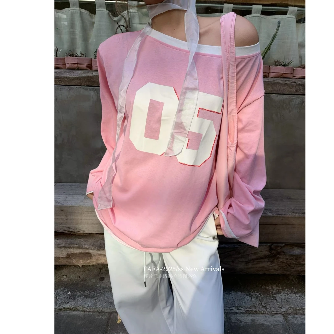 十三行FAFA-春夏福秒斜肩数字5长袖T恤#6051