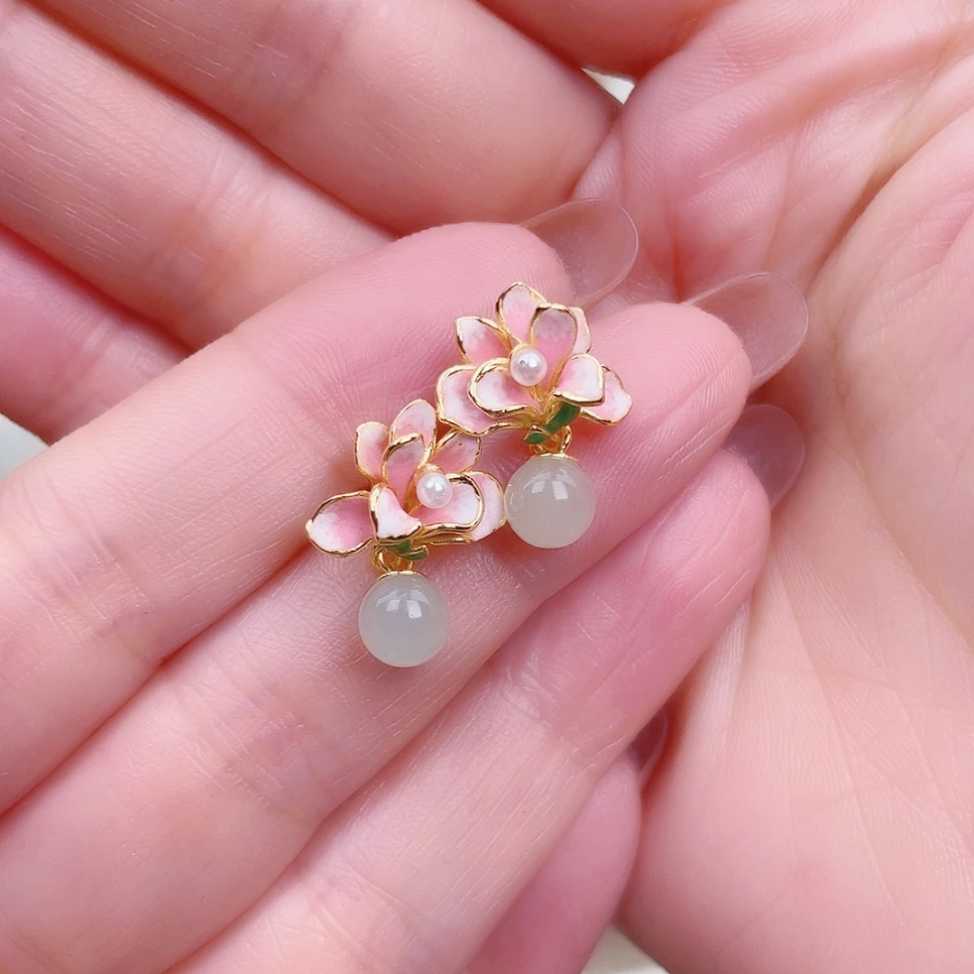 和田玉银S925镀金镶嵌耳饰