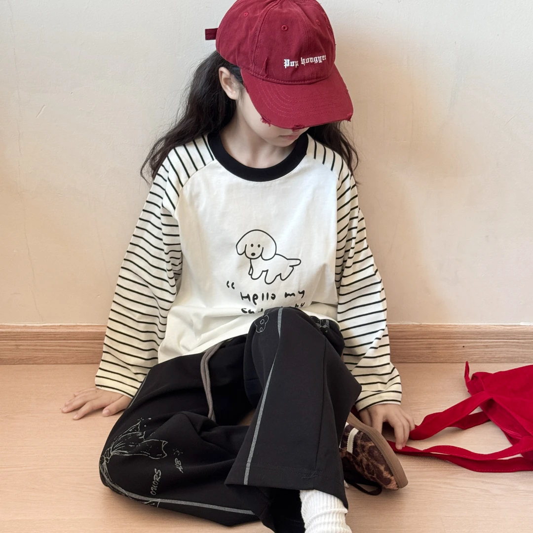 卡通长袖女童休闲套装2025新款女孩春秋条纹长袖上衣儿童时髦卫裤