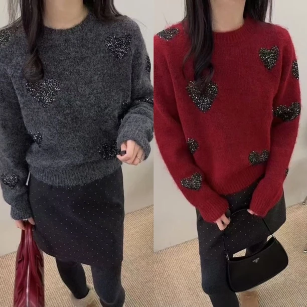 薇莎9881【爱心亮片】新年圆领套头毛衣