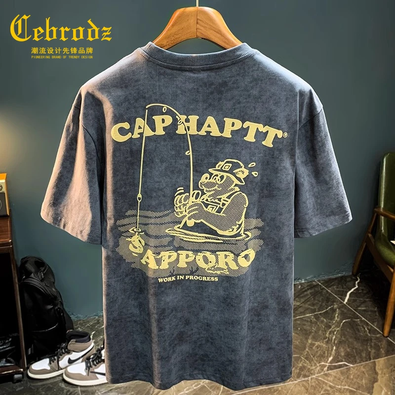法国Cebrodz夏季男款短袖2025年复古做旧全棉t恤宽松印花上衣T恤
