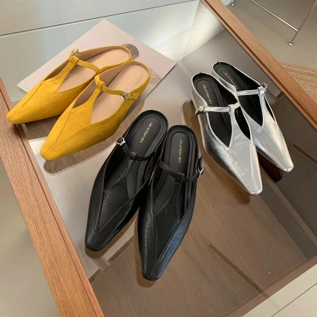 春款韩版休闲一脚蹬粗跟包头拖小众浅口气质女鞋子百搭