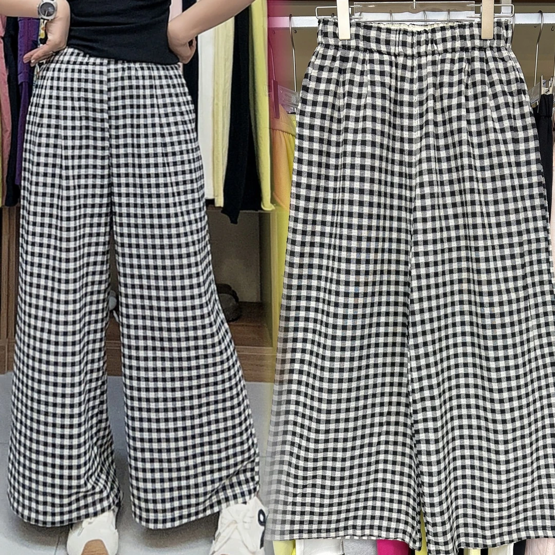 显瘦薄款轻熟风长裤格子格子裤高腰宽松印花夏季休闲裤阔腿裤黑白