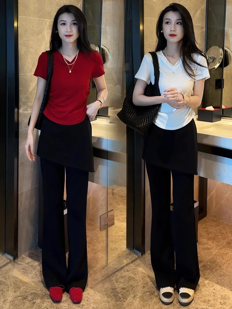 时尚洋气V领短袖T恤女工装裤两件套2025夏季新款气质韩版休闲套装