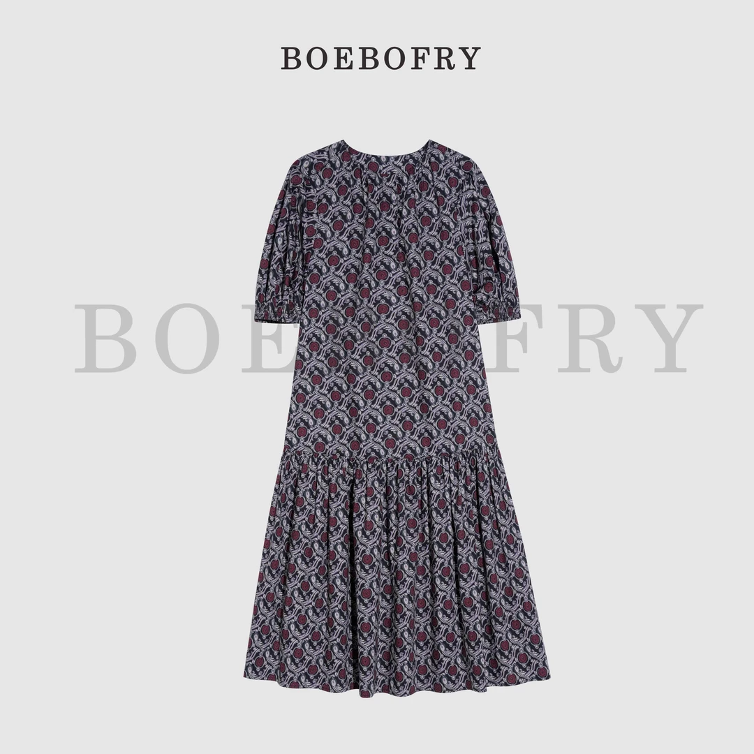 BOEBOFRY<紫夜繁花>夏季100%棉圆领气质优雅碎花连衣裙BE2L0957下