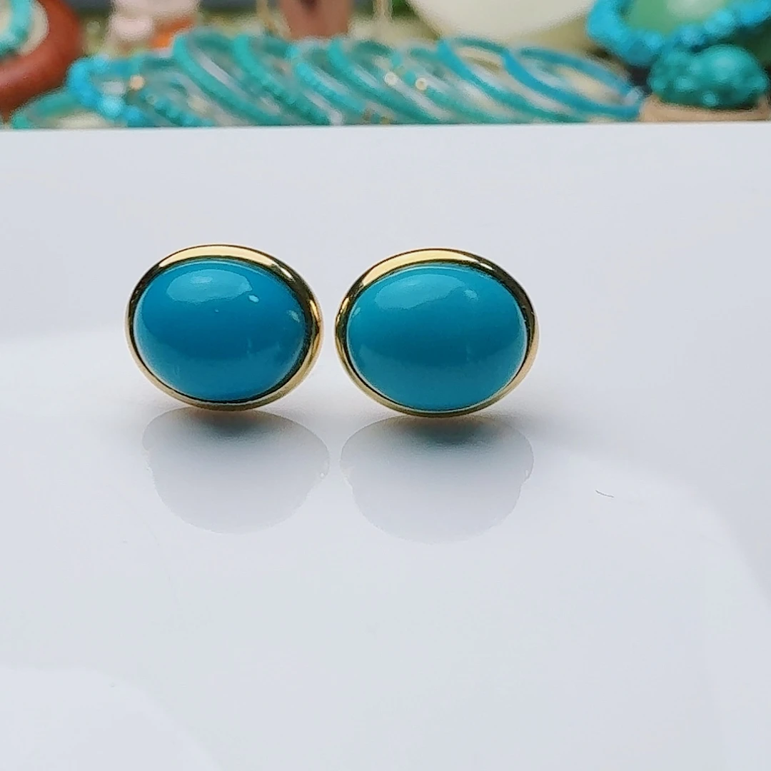 绿松石18K金镶嵌高瓷玉化蓝蛋面耳钉