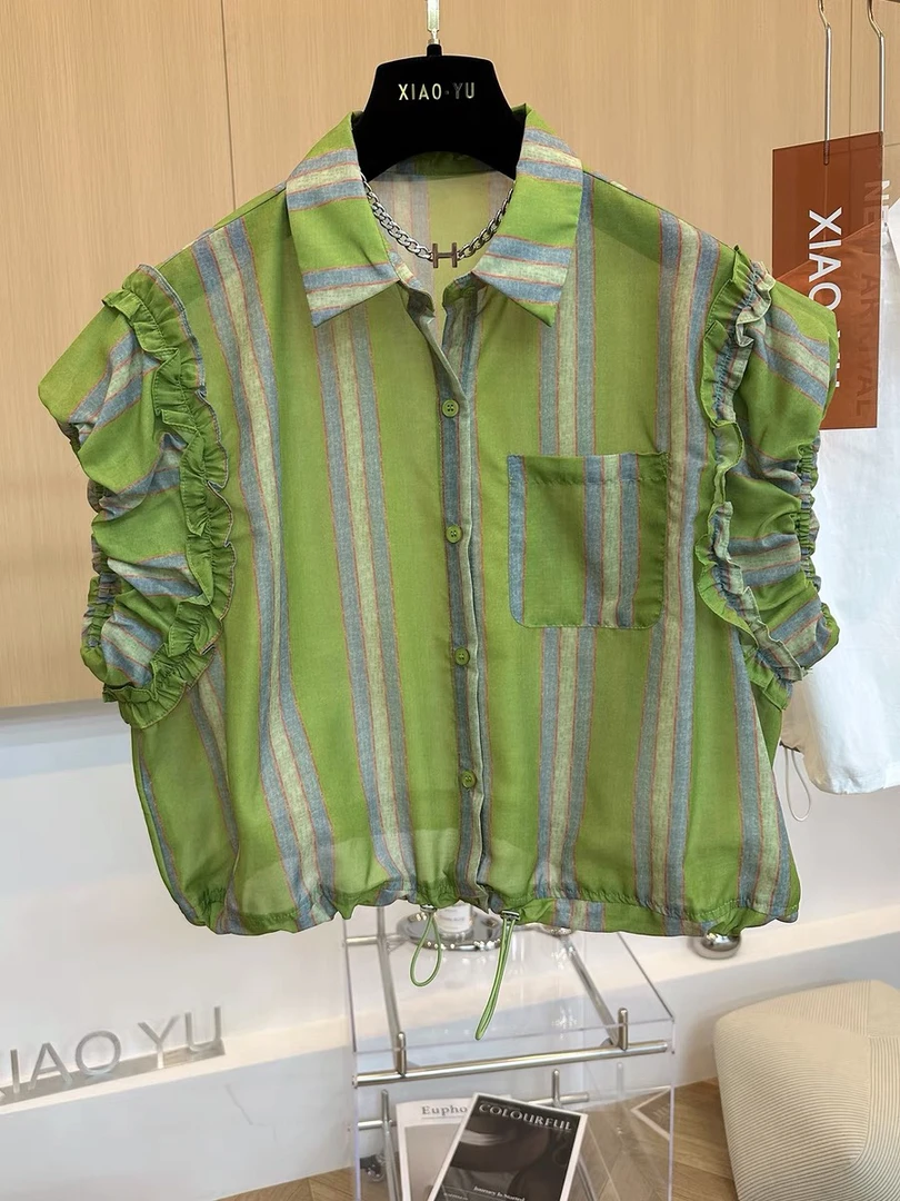 单排多扣夏季女常规款条纹衬衫绿色拼接韩版女装撞色