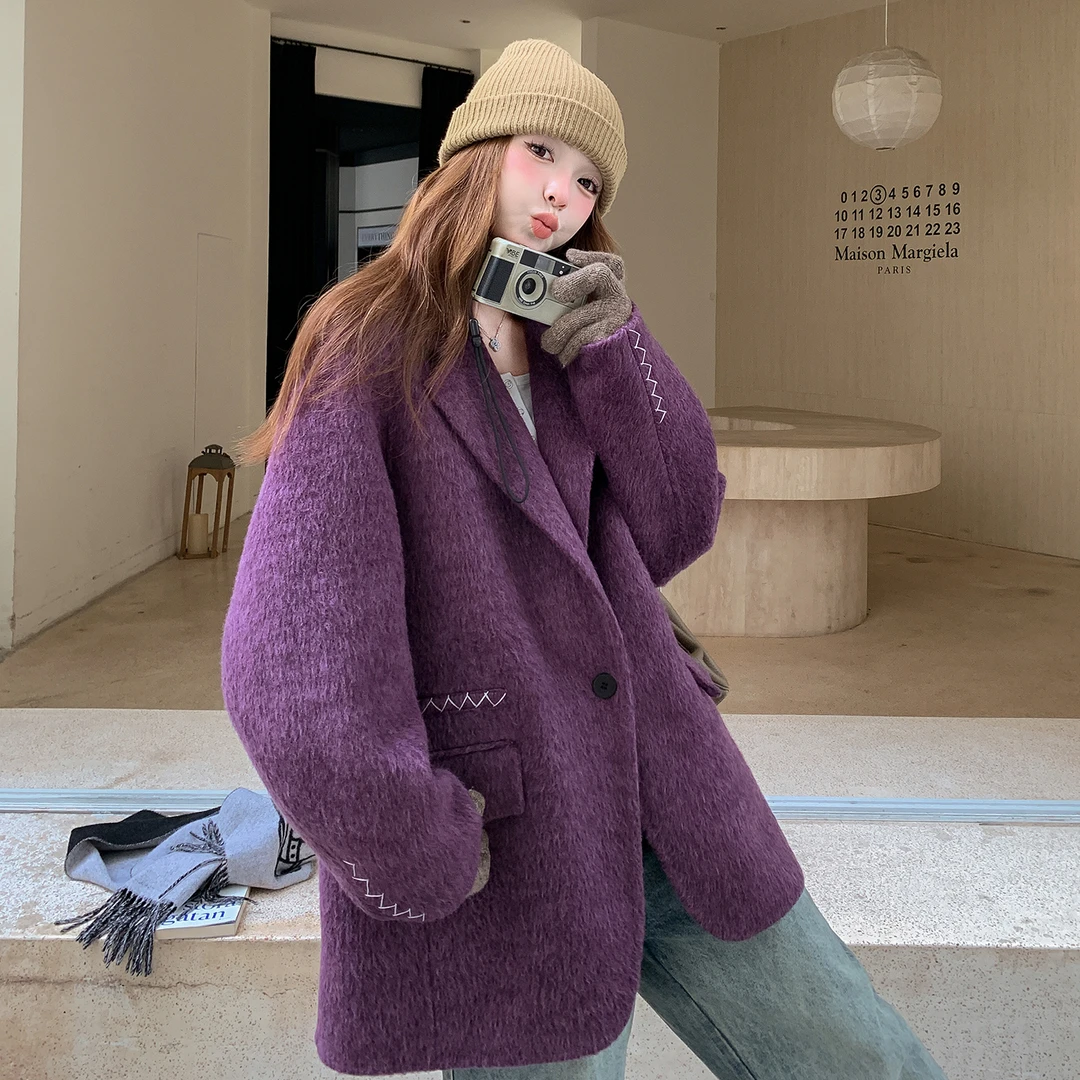 女款气质紫色式双面呢韩版女秋冬中长款2025新款长毛呢大衣西服感
