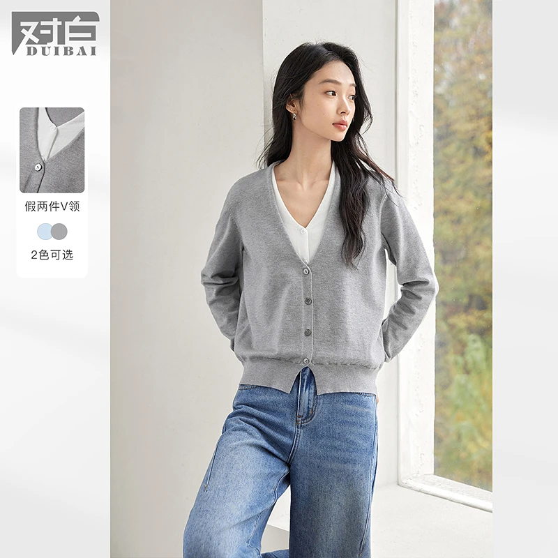 对白法式假两件撞色V领毛衣女2025春季新款松弛显瘦气质针织上衣