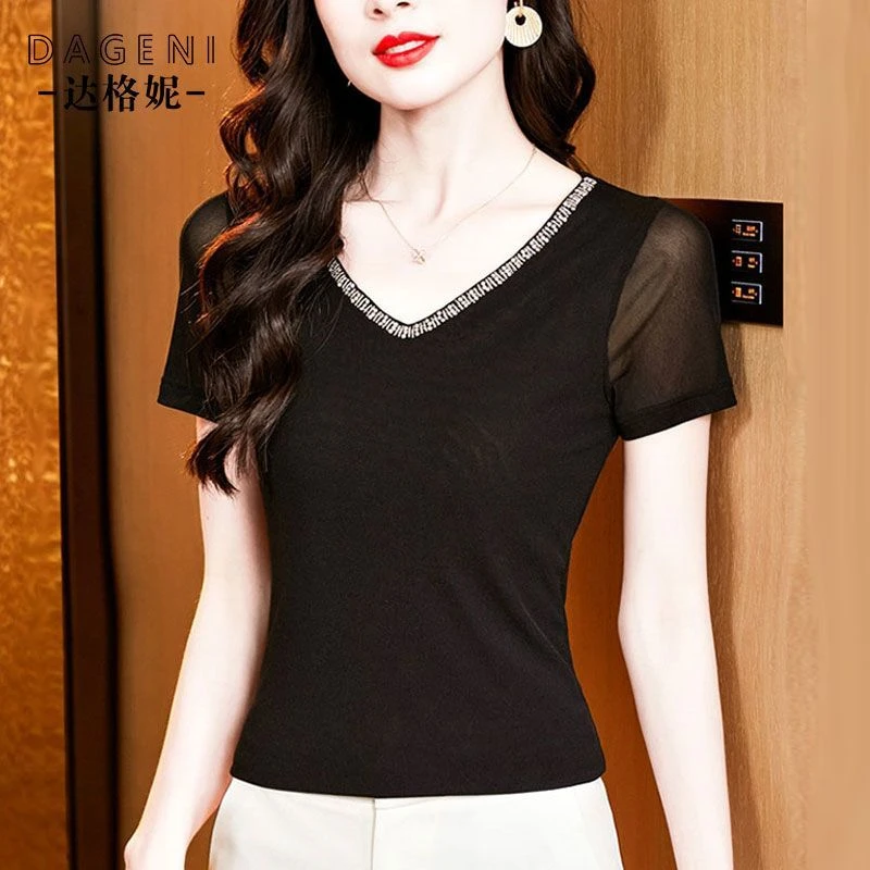 V领钉珠网纱短袖t恤女夏季新款高级感修身显瘦打底上衣洋气小衫女