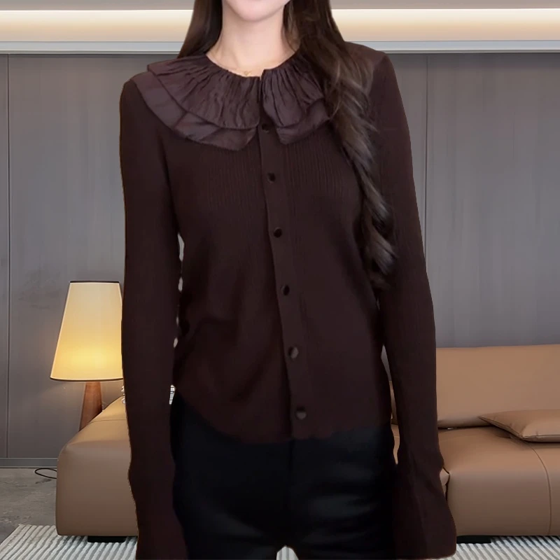 法式减龄纯色娃娃领针织衫早秋新款慵懒显瘦遮肉百搭单排多扣上衣