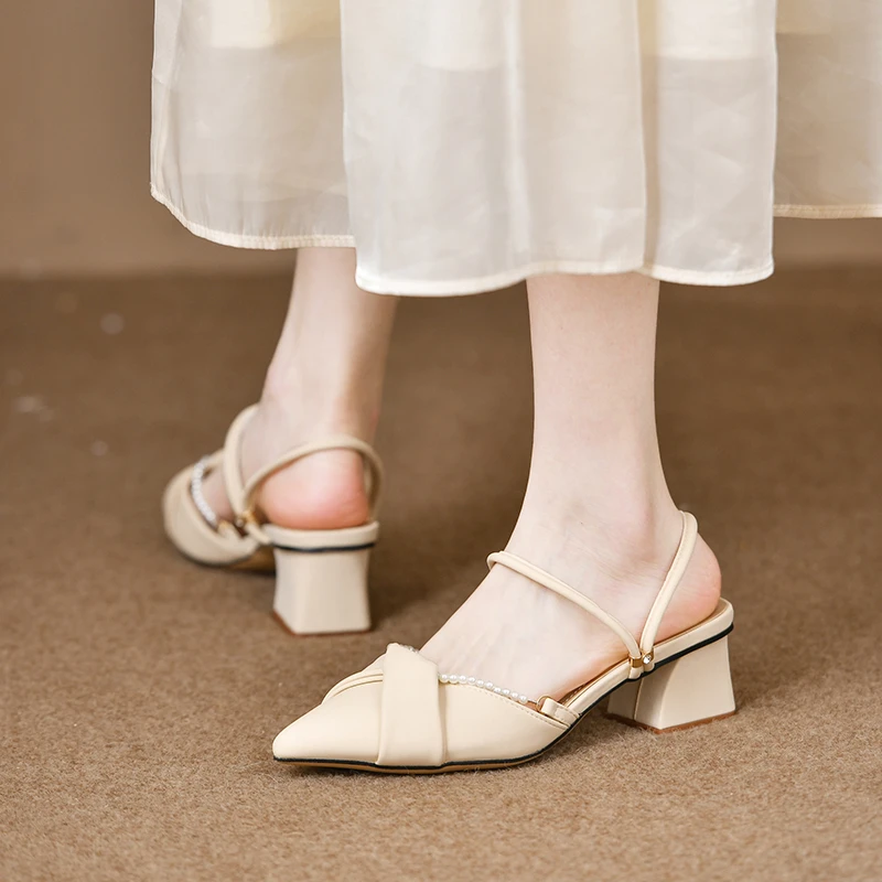 G法式串珠中跟包头女式夏天凉鞋2025新款夏季外穿半拖尖头单鞋