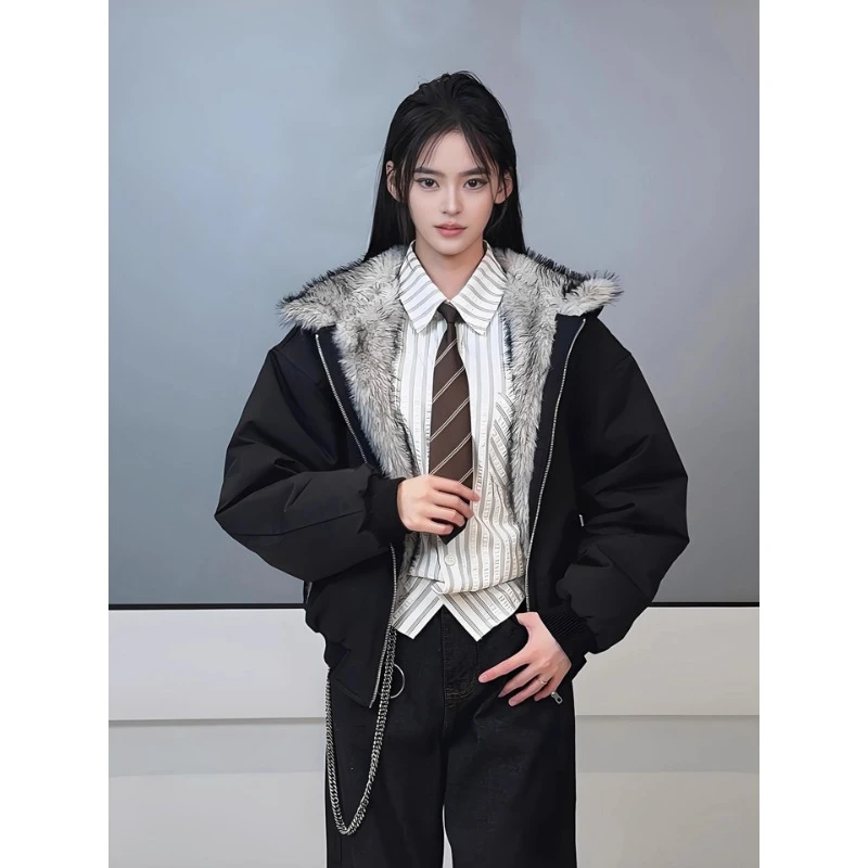 黑色狼王毛领座山雕连帽棉服外套男冬季加绒加厚美式短款保暖棉衣