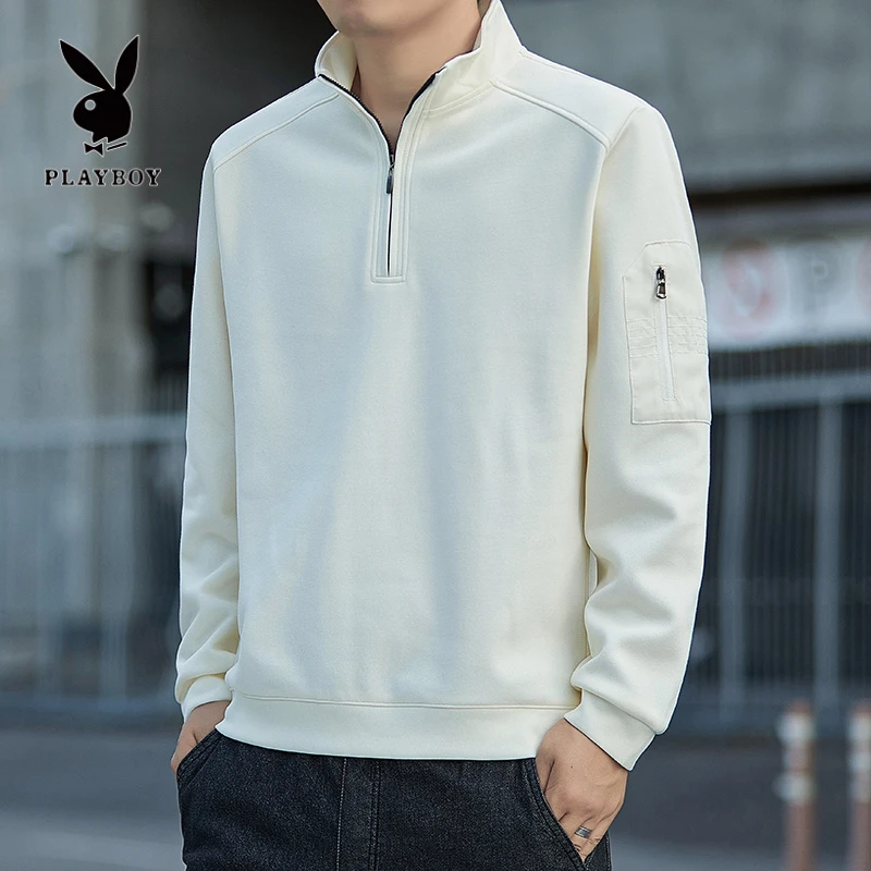 PLAYBOY/花花公子纯色半高领卫衣男潮牌美式休闲春秋款设计感上衣