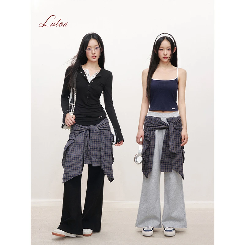Liilou 25ss 随身打结 格纹拼接 打结叠穿阔腿休闲裤