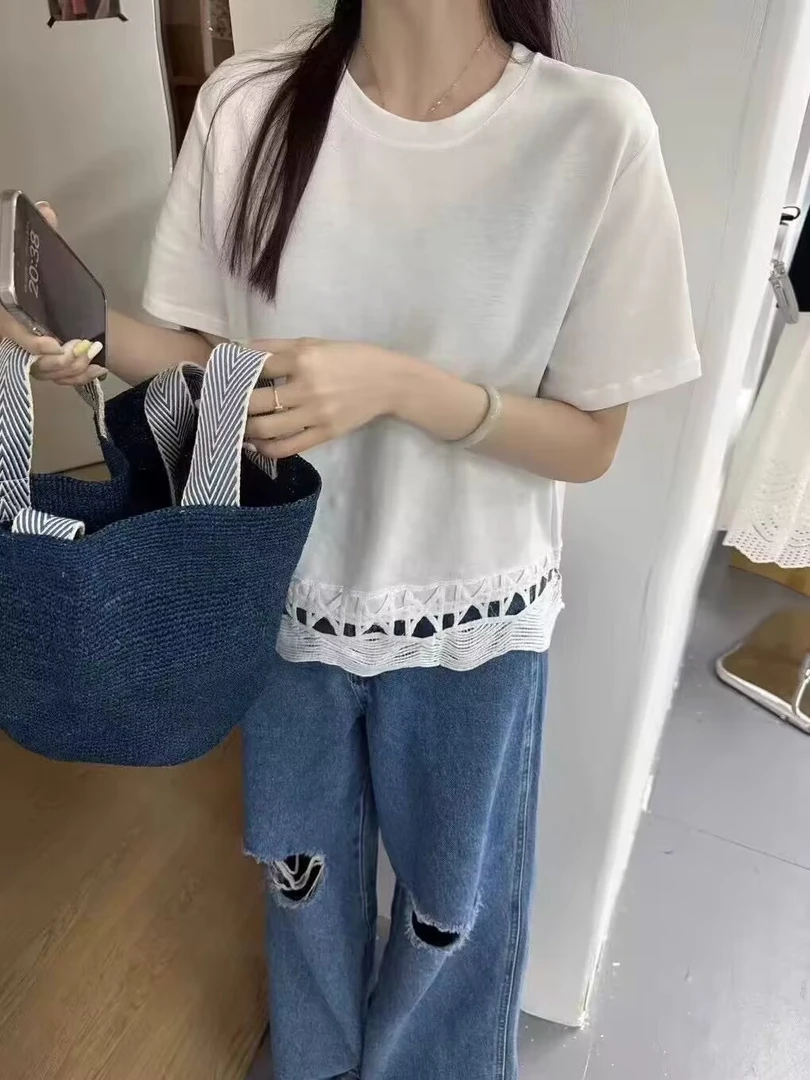 大码复古蕾丝短袖T恤女装夏季白色内搭正肩体恤胖MM遮肉显瘦上衣
