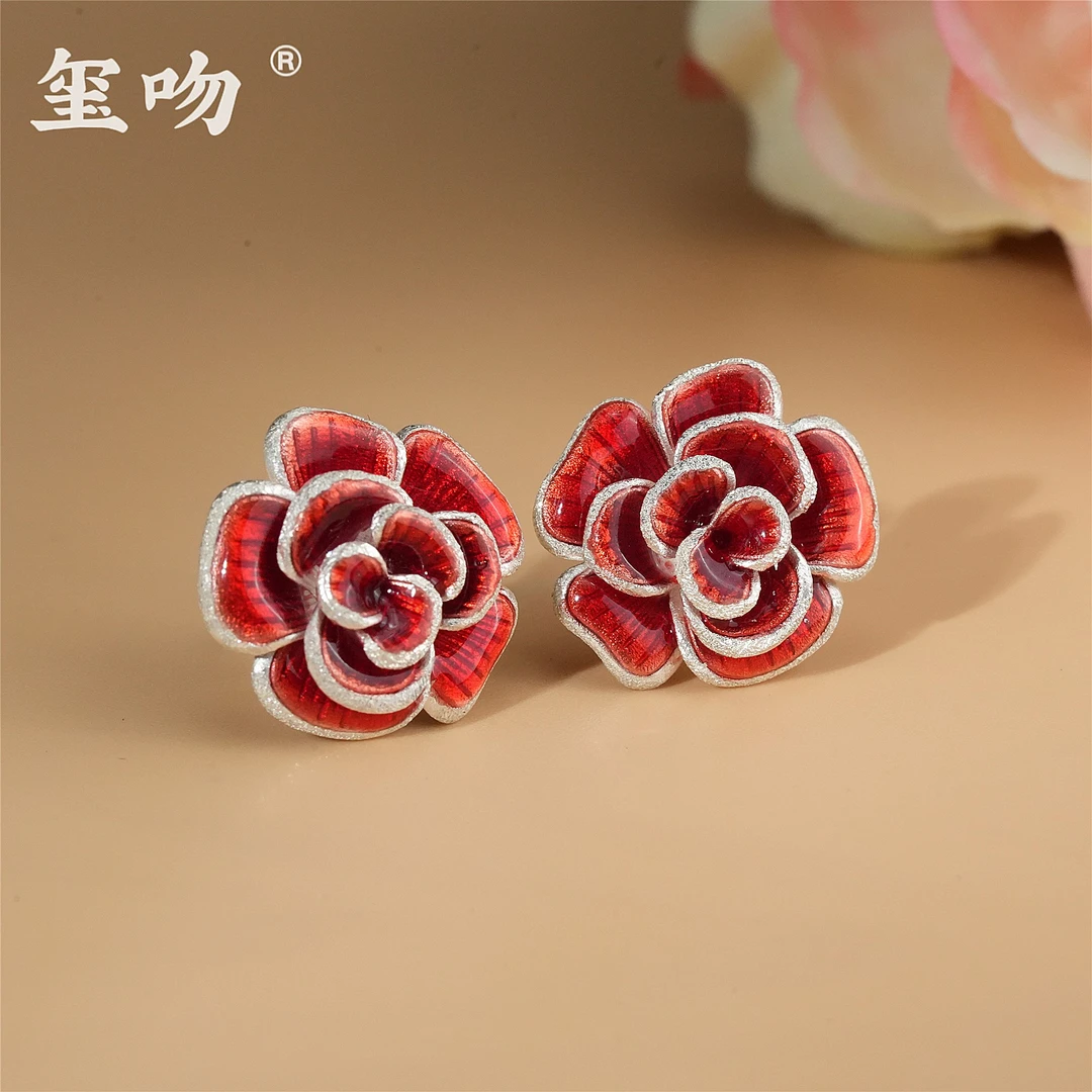 足银耳饰 【玺吻】足银999.9 一心一意浪漫红玫瑰花耳饰 情人节礼物