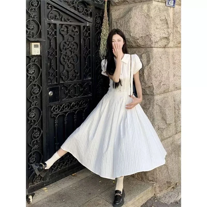 时尚百搭白色泡泡袖连衣裙夏季学院小个子气质收腰初恋长裙