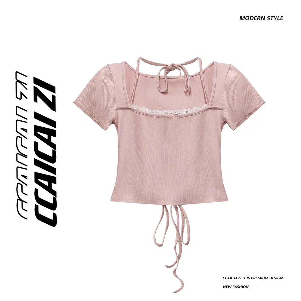 [no退no换]【纯欲加持】方领挂脖蕾丝拼接系带纯欲上衣无胸垫3600