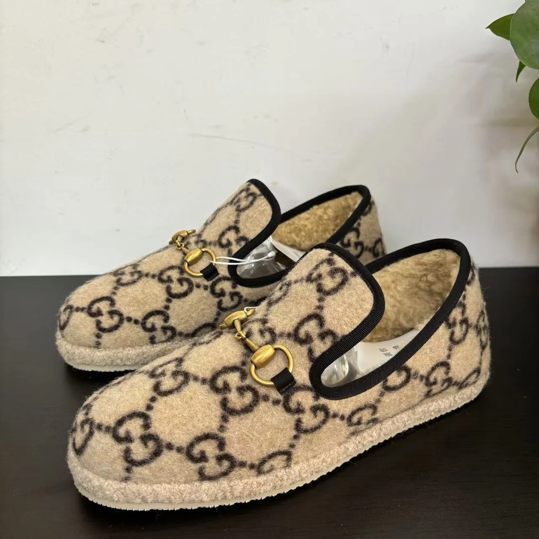 99新 GUCCI/古驰 38.5欧码马衔扣棕老花一脚蹬休闲古驰板鞋