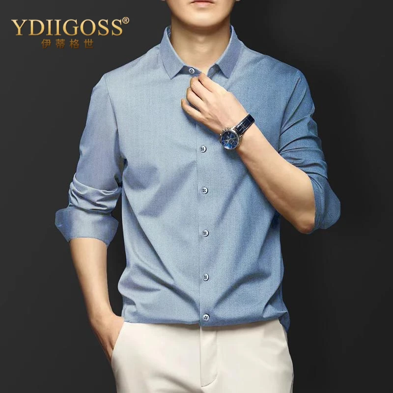 YDIIGOSS长袖羊毛衬衫竖条纹男士修身商务休闲衬衣免烫抗皱舒适