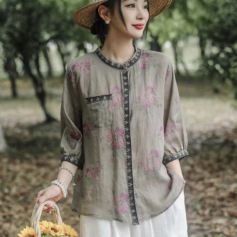 (印花小领刺绣条小衫)8923夏季气质宽松时尚满绣印花小衫W