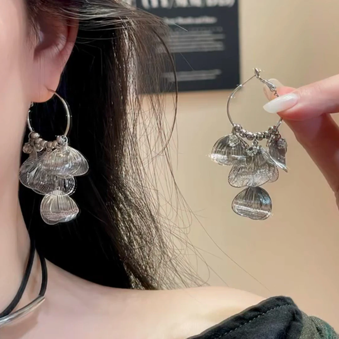 铜合金耳饰 复古港风银色镂空蝶翼流苏耳圈银针银杏叶长款耳坠