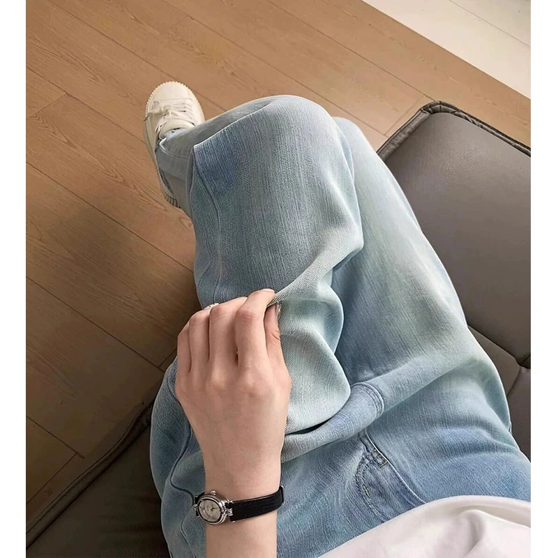 莱赛尔天丝牛仔裤女春夏薄款梨形身材大码宽松显瘦冰丝直筒阔腿裤