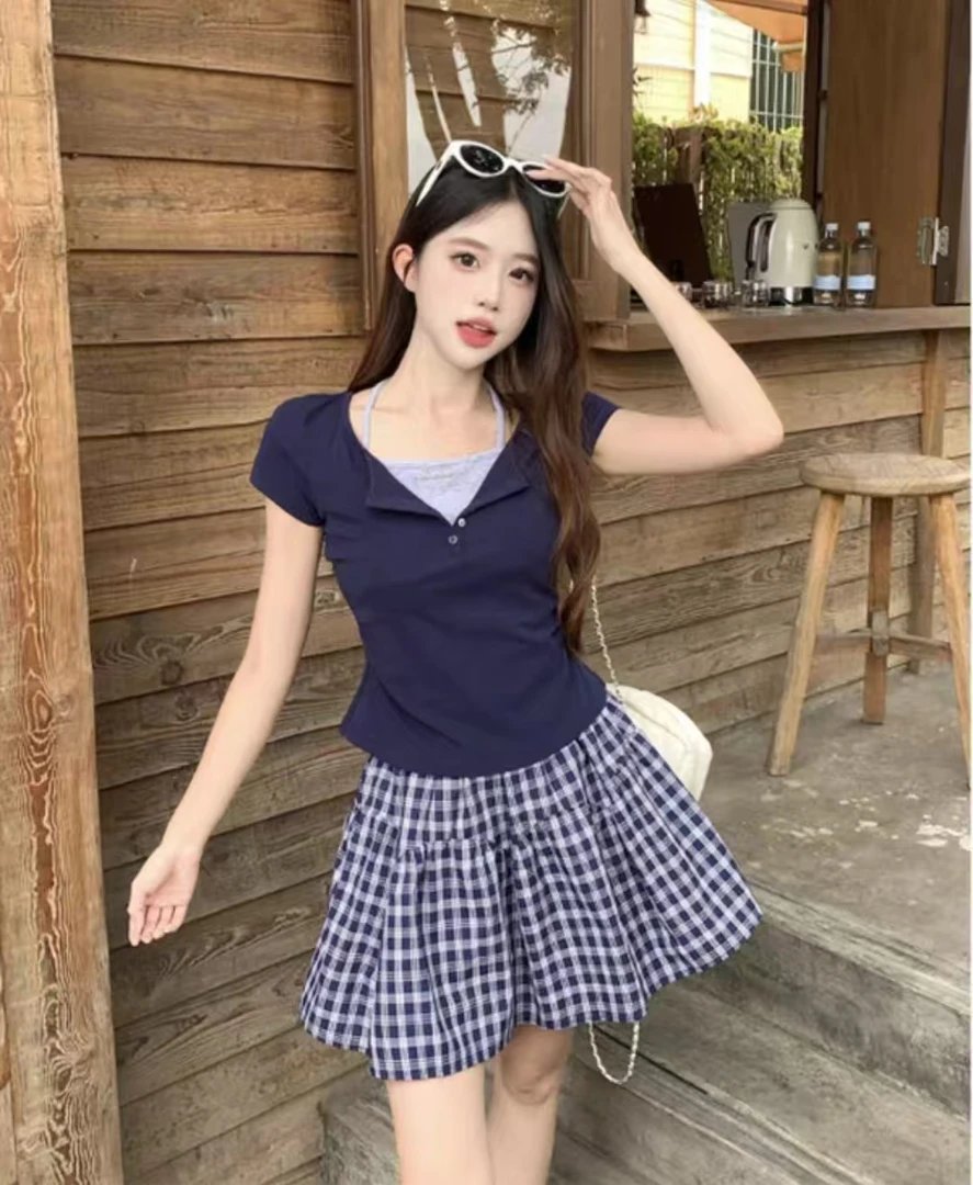 2025新款学院风休闲显瘦遮肉短袖泡泡袖上衣长短裙两件套68096