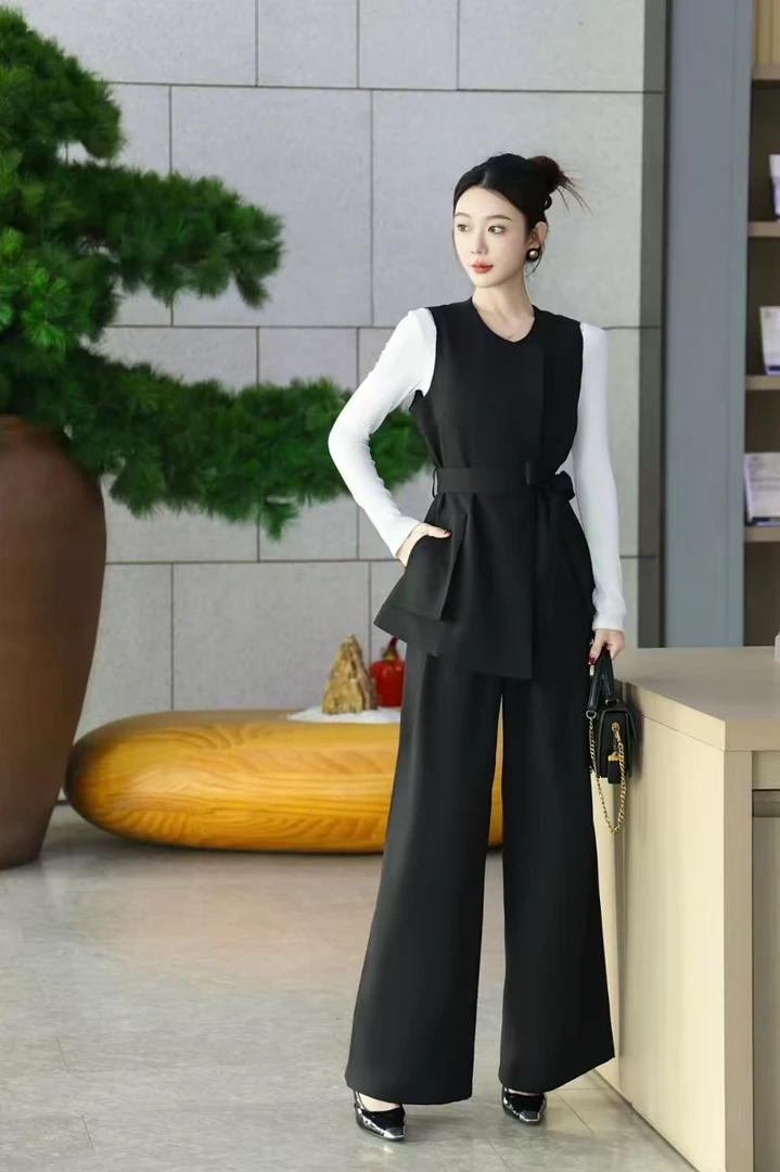 时尚青果领马夹高腰西裤女通勤套装
