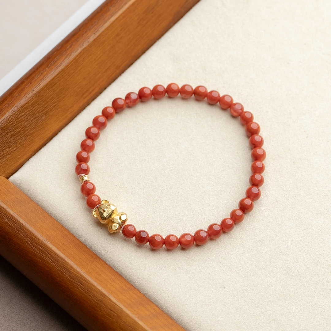 南红4mm银饰小熊单圈手串新中式国潮手串