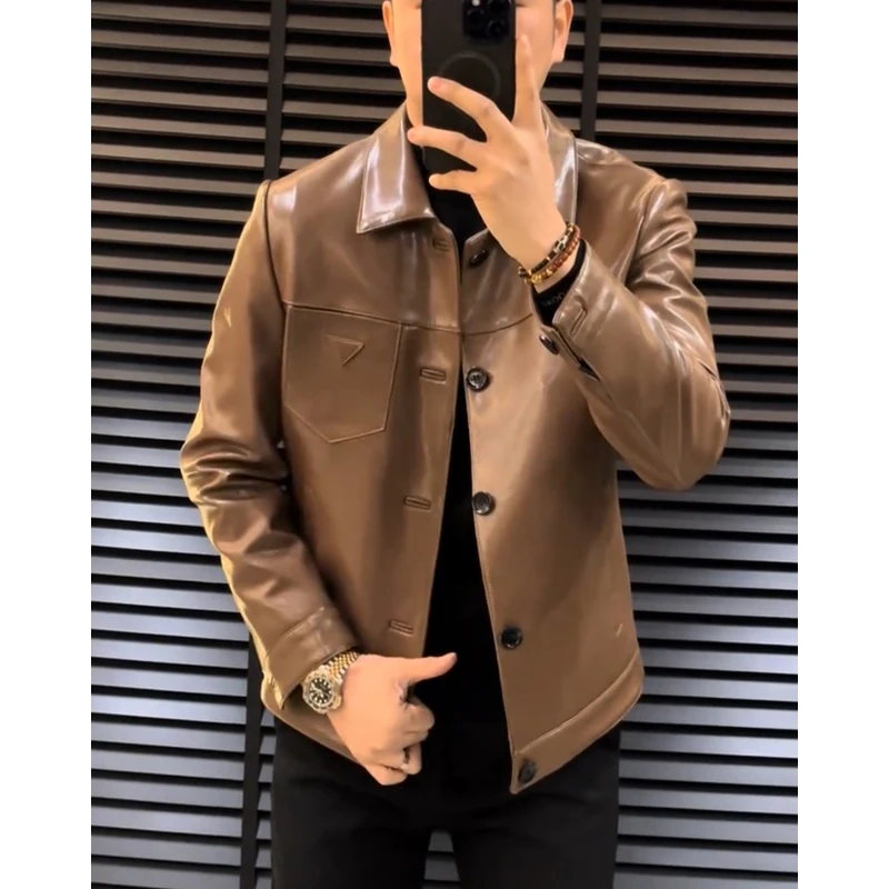 28756早春季男士简约轻奢时尚百搭翻领夹克皮衣油蜡真皮帅气范潮L