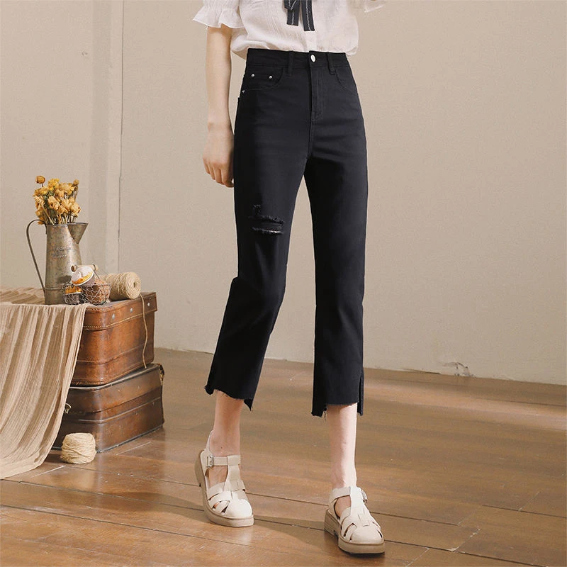 7893牛仔裤女直筒裤2025春新款高腰显瘦破洞八分烟管裤子