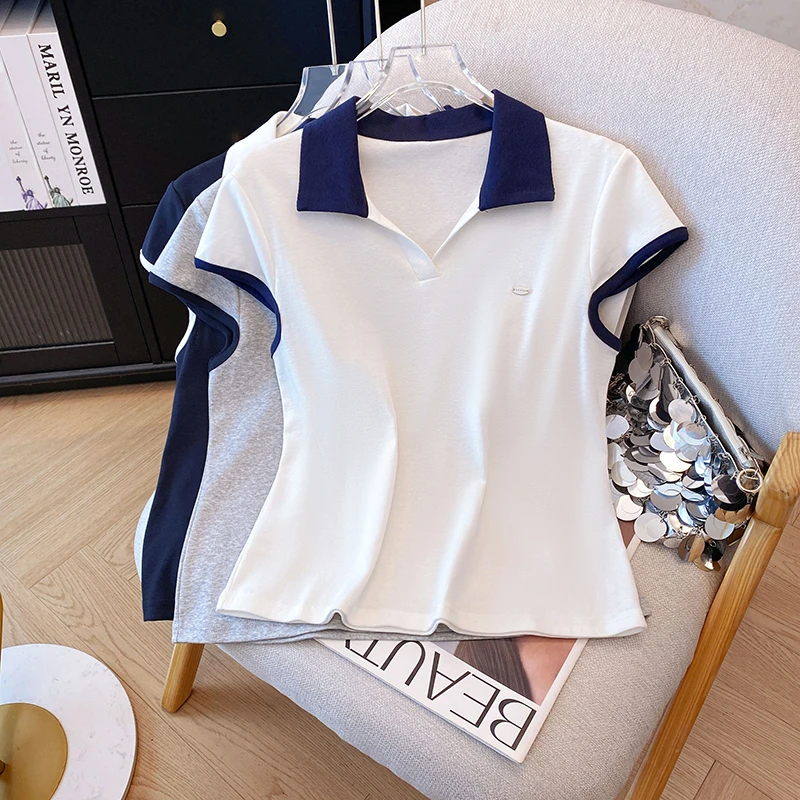 韩版撞色翻领洋气短袖T恤女设计感ol小众上衣潮流时尚百搭显瘦