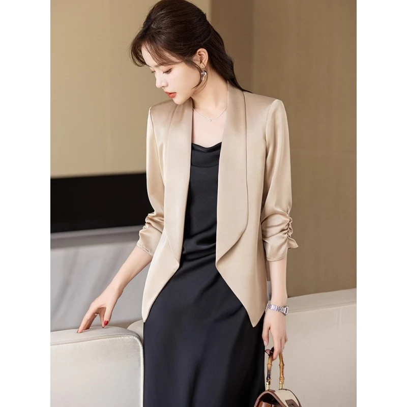 醋酸缎面西装外套女2025新款春夏薄款百搭七分袖小个子高级感西服