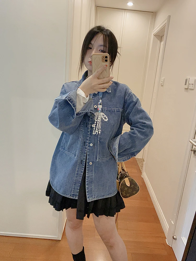 2025春装新款宽松廓形感口袋水洗牛仔外套女休闲百搭长袖衬衫上衣