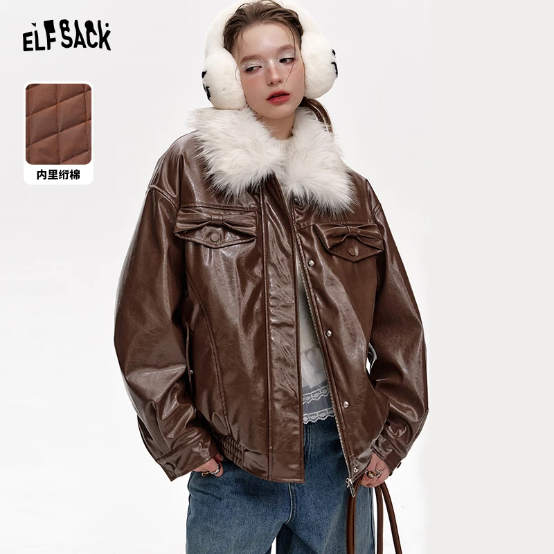 妖精的口袋毛绒拼接pu皮衣夹棉外套女年冬季小个子高级感24404026