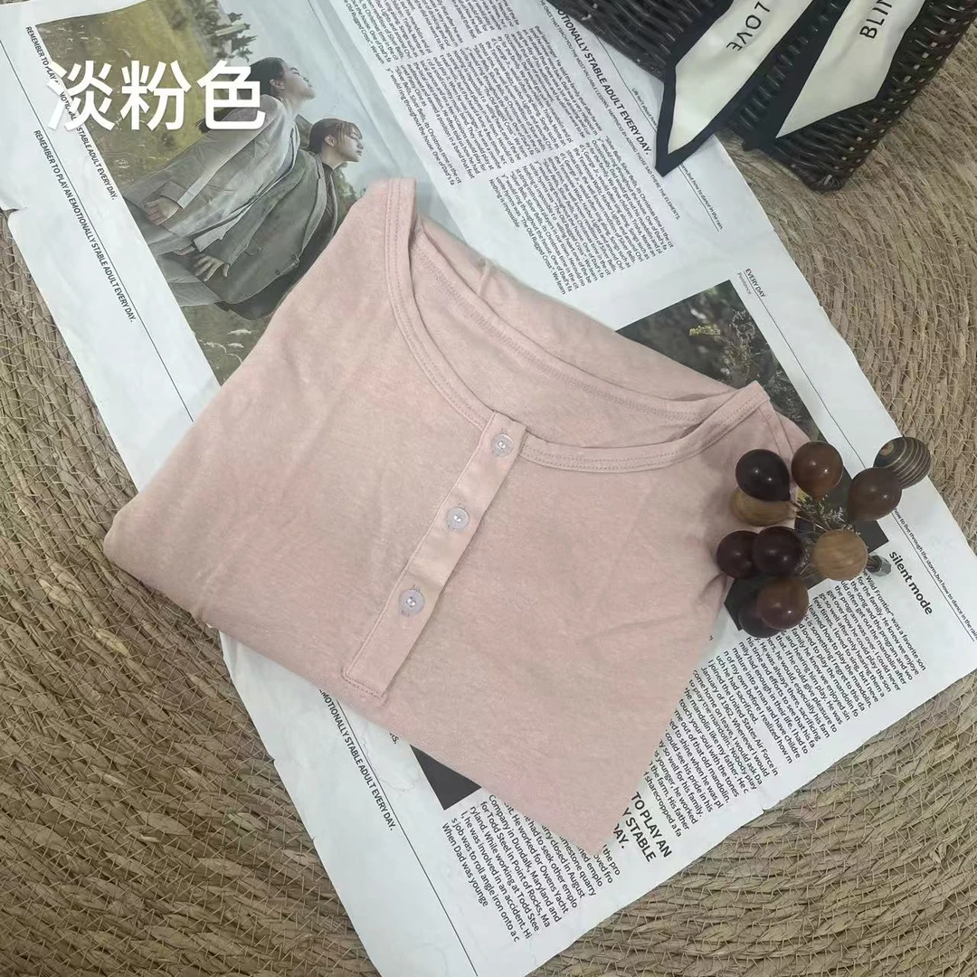 【淡粉汉麻针织T恤】汉麻针织净版系扣式落肩袖T恤
